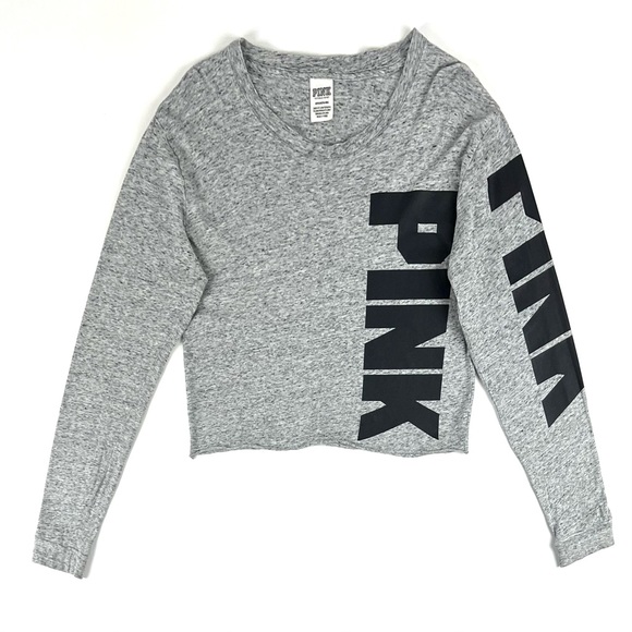 PINK Victoria’s Secret Boyfriend Crop Logo Heather Grey Long Sleeve Tee - Picture 3 of 7